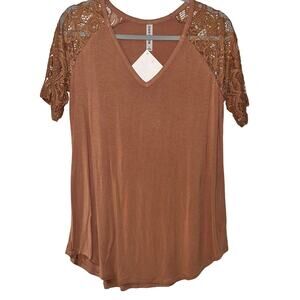 ZENANA Signature Light Brown Lightweight Lace Sleeves Top Large